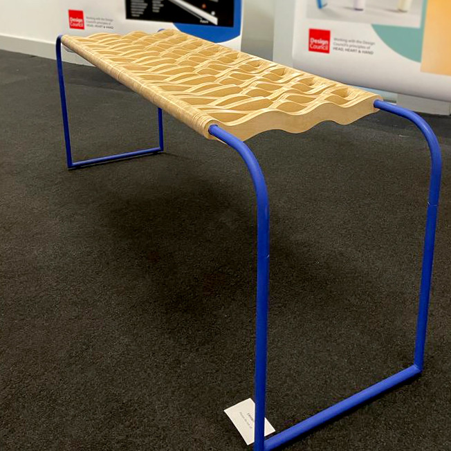 DukeMakes's tweet photo. We spotted a Duke Makes build at @leedsbeckett degree show. 
Declan volunteered while studying Product Design. The #RunCNC is perfect for these types of wavey wood cuts〰️
The finished bench looks as fantastic as his design! Check out his fantastic work on ig-> @declanbriandesigns https://t.co/z5o0Ya2vED