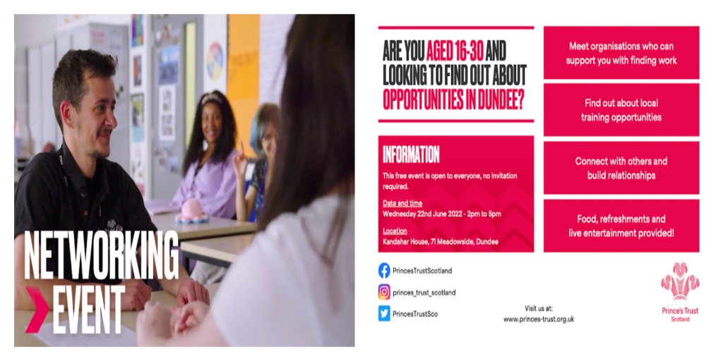 📣 Come &amp; join tomorrow's networking event for #youngpeople 16-30 in #Dundee.
Find out about employment &amp; training opportunities or support to start a business in Dundee from our local experts. 
Wed 22nd June 14:00 - 15:00 Kandahar House, 7 Meadowside.
📧lianne@launchit.org