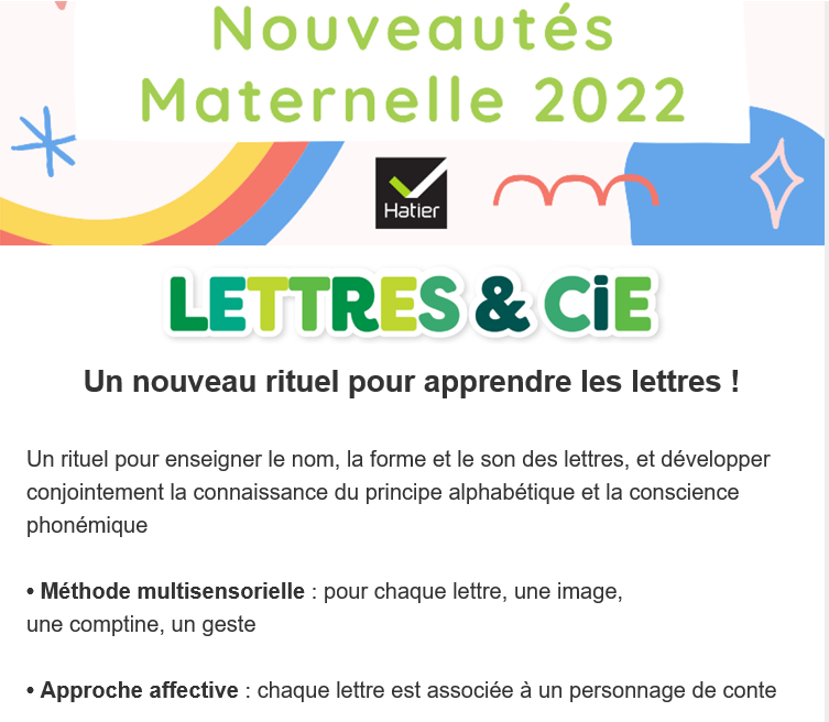 HatierRegionSud's tweet photo. Un nouveau #rituel #multisensoriel pour #apprendre les #Lettres en #Maternelle ( PS, MS, GS) ♥️
Principe #alphabétique et conscience #phonémique.
LETTRES ET CIE @EditionsHatier
Pour chaque lettre, une #image, une #comptine, un #geste découvrez la vidéo:
https://t.co/LZ4W80TBWN https://t.co/jm4MxiX3Td