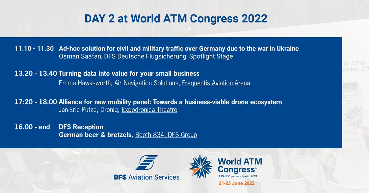 It's great to be back in Madrid. Here is our agenda for Day 2 of @WorldATM_now 2022. #WATM #WorldATM #exhibition #aviation #ATM #ATC #booth834 #DFSGroup