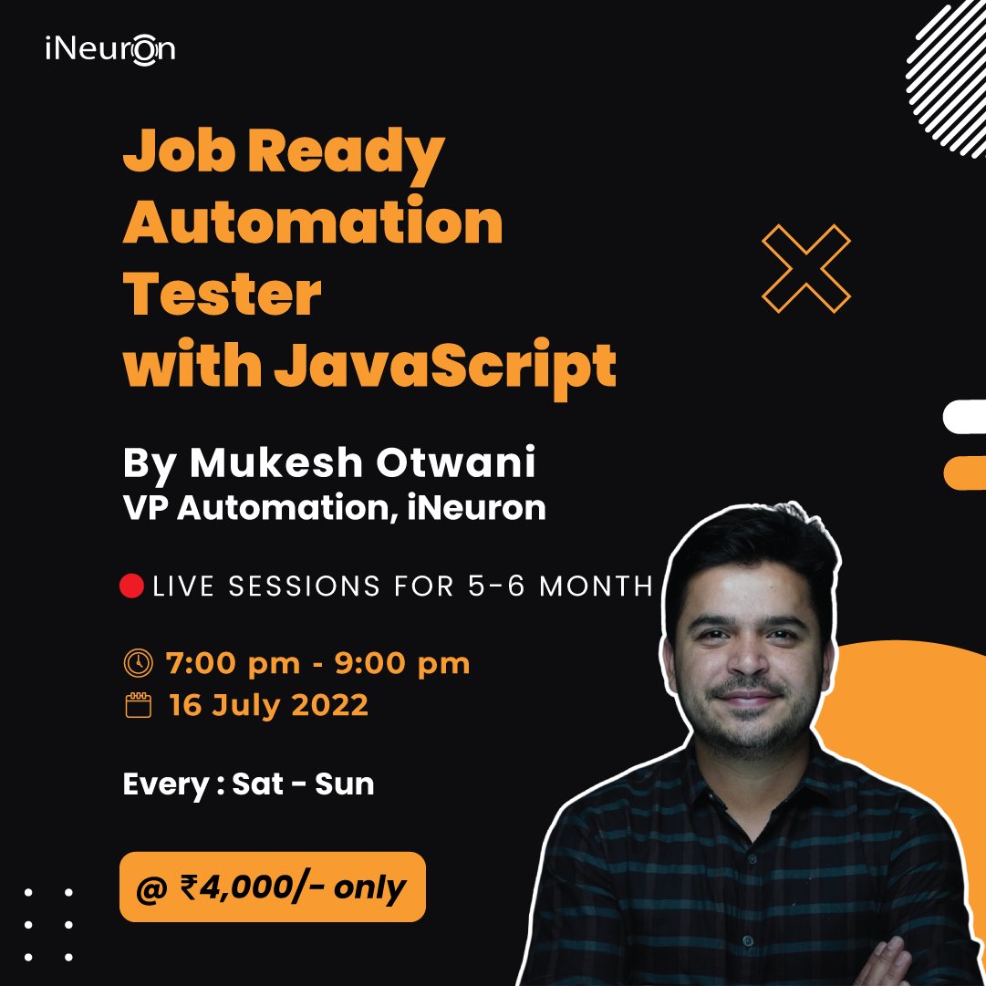 ineuron_ai's tweet image. "Job Ready Automation Tester With JavaScript"
by @mukeshotwaniofficial (VP Automation, iNeuron)

Register Yourself Today !
courses.ineuron.ai/Job-Ready-Auto…
and for information, Feel free to connect with us. 7302578502 ,8788503778

#ineuron #oneneuron #automationtester #technology
