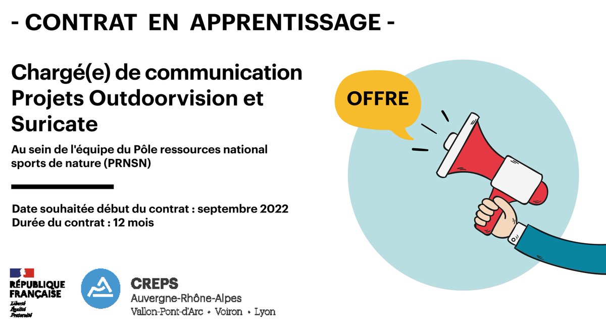 Vous recherchez un contrat d'#apprentissage pour la rentrée de septembre 2022 dans le cadre d'un diplôme de Niveau 7 (Bac+5 et plus) dans le secteur de la #communication - #Multimédia ?
Le PRNSN du <a href="/crepsvpa/">CREPS Rhône-Alpes</a> est prêt à vous accueillir  urlz.fr/iC3f