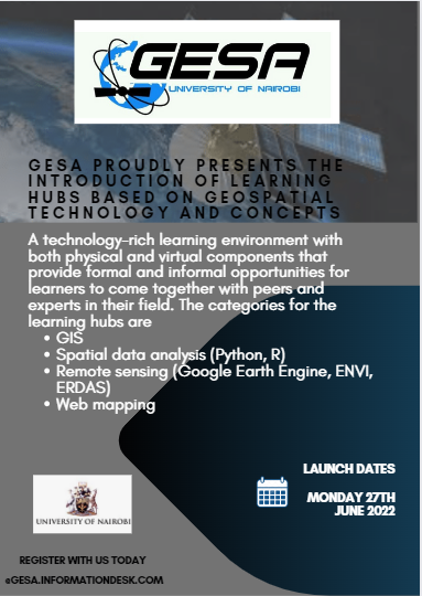 gesa_uon's tweet photo. Monday 27, July 2022 will be the virtual commencement of Geospatial Tech training Hubs led by professionals already in the field. This is a chance to learn and grow your network. #technology #gesa #uon #geospatial #spatialanalysis #spatialdata #gis #webmapping #python #r https://t.co/OXOT8EpGLg
