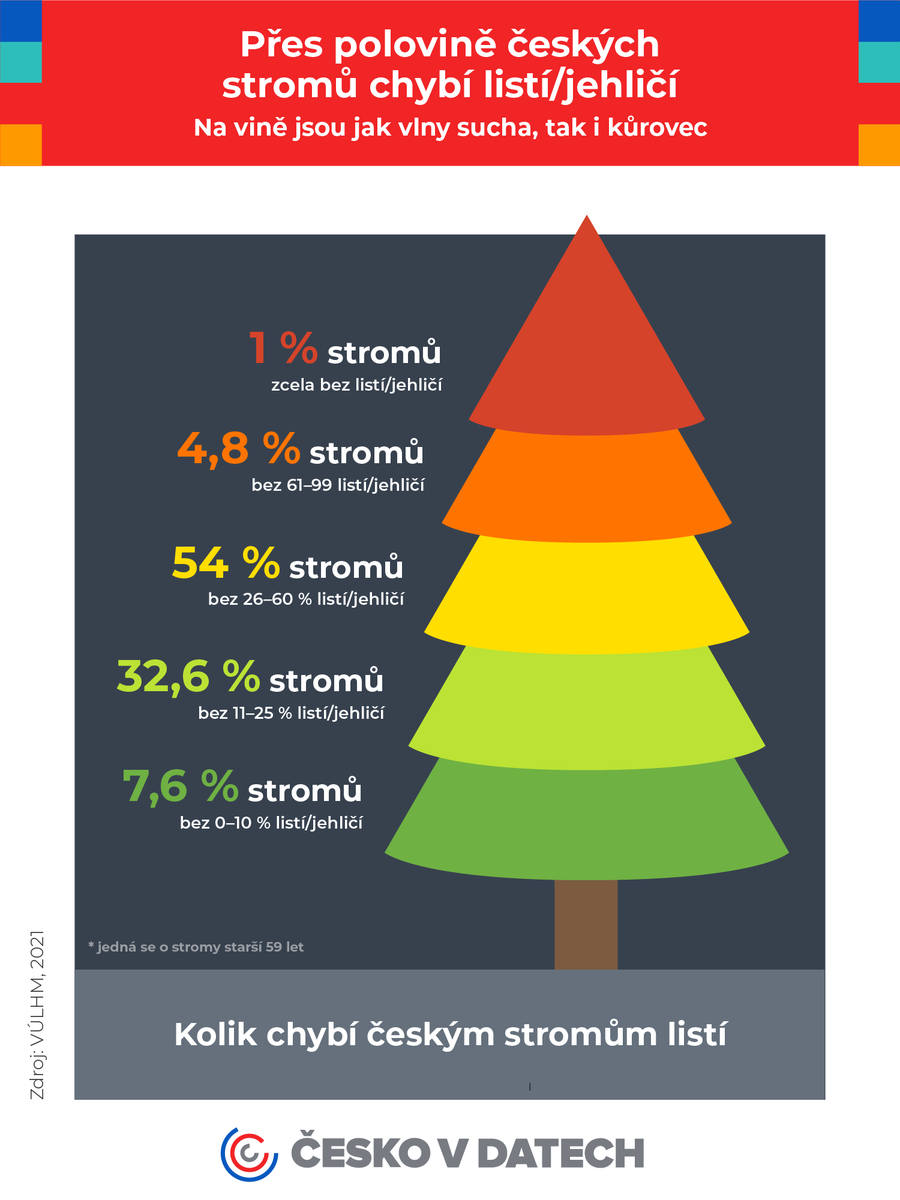 cesko_v_datech's tweet photo. České stromy se dlouhodobě potýkají s nedostatkem jehličí a listí. Situace je horší u jehličnanů, kterých jehličí postrádá zhruba 80 %. ➡️ https://t.co/m20MlOsxpk https://t.co/zJbASFvT9R