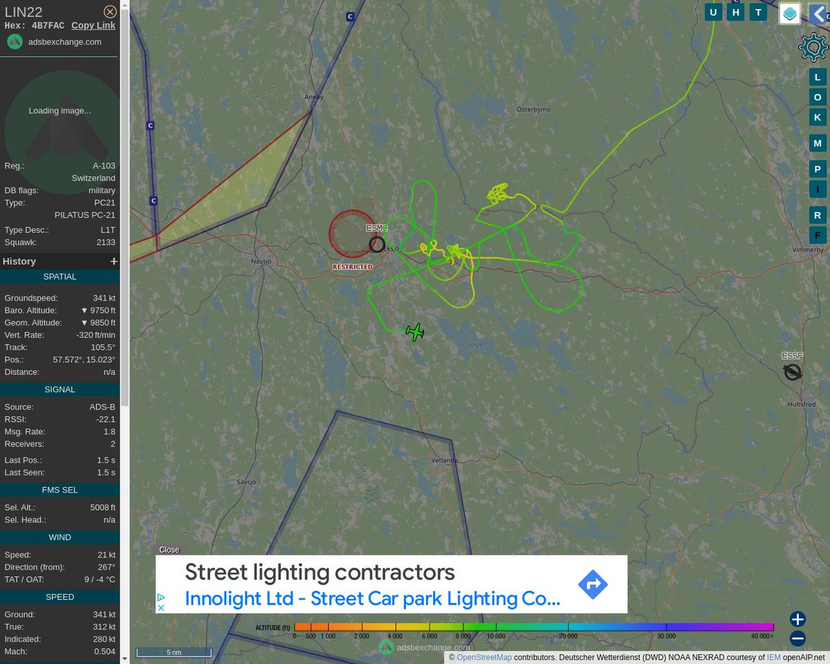Radar_Assistant's tweet image. MULTI ADSBX MANOEUVRING ALERT : At time Wed Jun 22 08:26:31 2022 #LIN22    was likely to be manoeuvring at FL101  
 near Granelund, Hult, Eksjö kommun, Jönköpings län, Sve #AvGeek #ADSB globe.adsbexchange.com/?icao=4B7FAC&amp;amp;z…