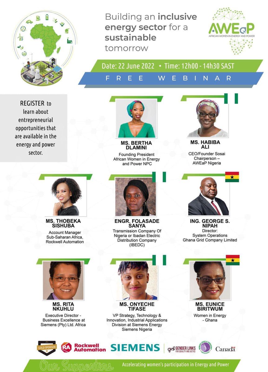 Watch our Webinar today at 12:00 SAST as we showcase Nigeria and Ghana’s Electricity Markets. 

We will also explore access to technology as an enabler for women entrepreneurs in energy and power. 

Join us by registering here: 

us02web.zoom.us/webinar/regist…

Don’t miss this webinar!!