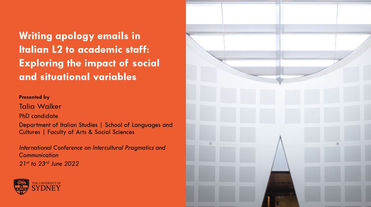 What a pleasure to present my paper, "Writing apology emails in Italian L2 to academic staff: Exploring the impact of social and situational variables", today at the International Conference on Intercultural Pragmatics and Communication. 

#INPRA9 <a href="/inpra9/">INPRA9</a> @HASSUQ <a href="/UQ_News/">UQ News</a>