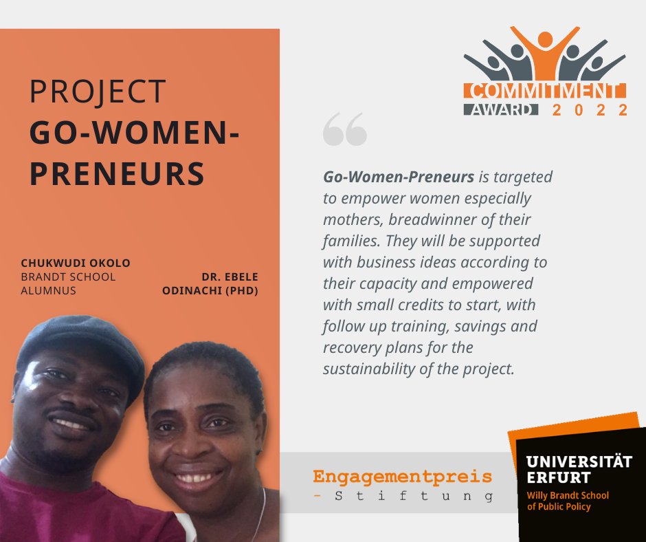 🏆 Commitment Award 2022! May we present the fourth project: "Go-Women-Preneurs" by Brandt School alumnus Chukwudi Okolo and Ebele Odinachi (PhD). Read more about the #CA2022 and the projects here: bit.ly/3MrlAZy