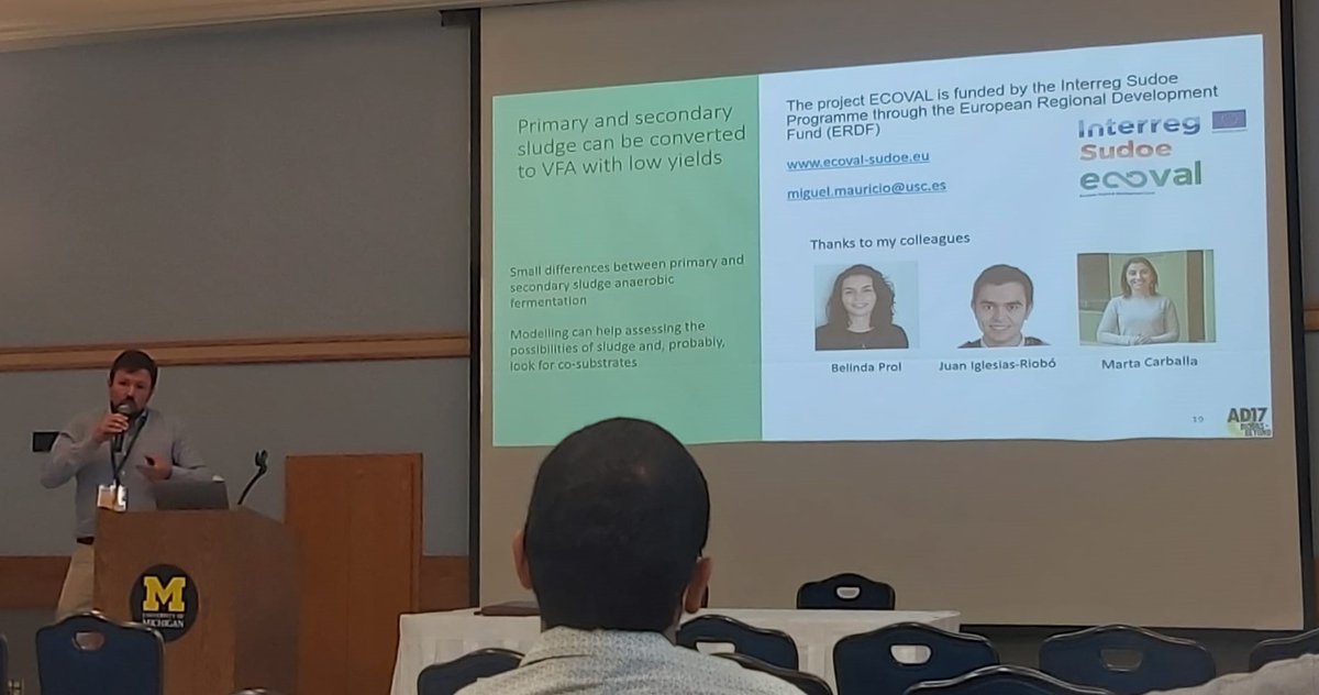 📸In the pictures, our partners <a href="/_MiguelMauricio/">Miguel Mauricio</a> (<a href="/biogroup_usc/">Biogroup</a>) and @Taboada_Santos_ (<a href="/CETAQUA/">Cetaqua</a>) presenting the results of ECOVAL at <a href="/IWA_AD17/">IWA_AD17</a> in <a href="/UMich/">University of Michigan</a>. We are grateful to be at such outstanding event talking and learning about anaerobic digestion👏👏#AD17