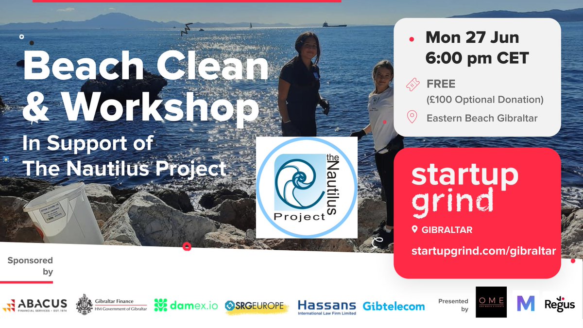 Supporting @NautilusGib in June. Based in Gibraltar, their aim is to raise marine environmental issues with the local public to help craft the changes required for a better future! Rallying up our network on 27/06 at 6pm CET, Eastern Beach. Sign up & share startupgrind.com/e/mnqfss/