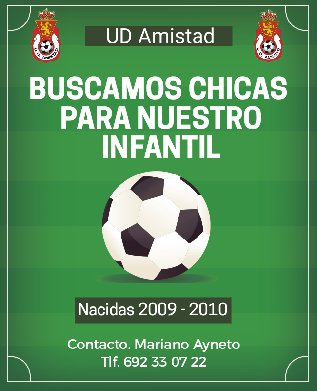 ⚽️ Buscamos chicas para nuestro equipo Infantil!!

➡️ Si eres de 2009 - 2010 y quieres formar parte de una de las mejores canteras de Aragón y de un proyecto femenino ilusionante, contacta con nosotros a través del 692 33 07 22.

😃 Te esperamos!!

#VamosAmistad #CanteraDeAragón