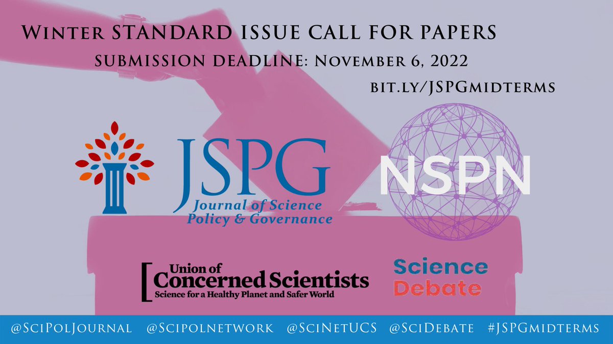 NEW: <a href="/scipoljournal/">Journal of Science Policy & Governance (JSPG)</a> is proud to partner with <a href="/scipolnetwork/">National Science Policy Network (NSPN)</a> on a call for papers for our 2022 Winter Standard Issue, putting published ideas into action!

Call for submissions: bit.ly/JSPGMidterms

Submission deadline: Nov. 6, 2022.

#JSPGmidterms #2022midterms