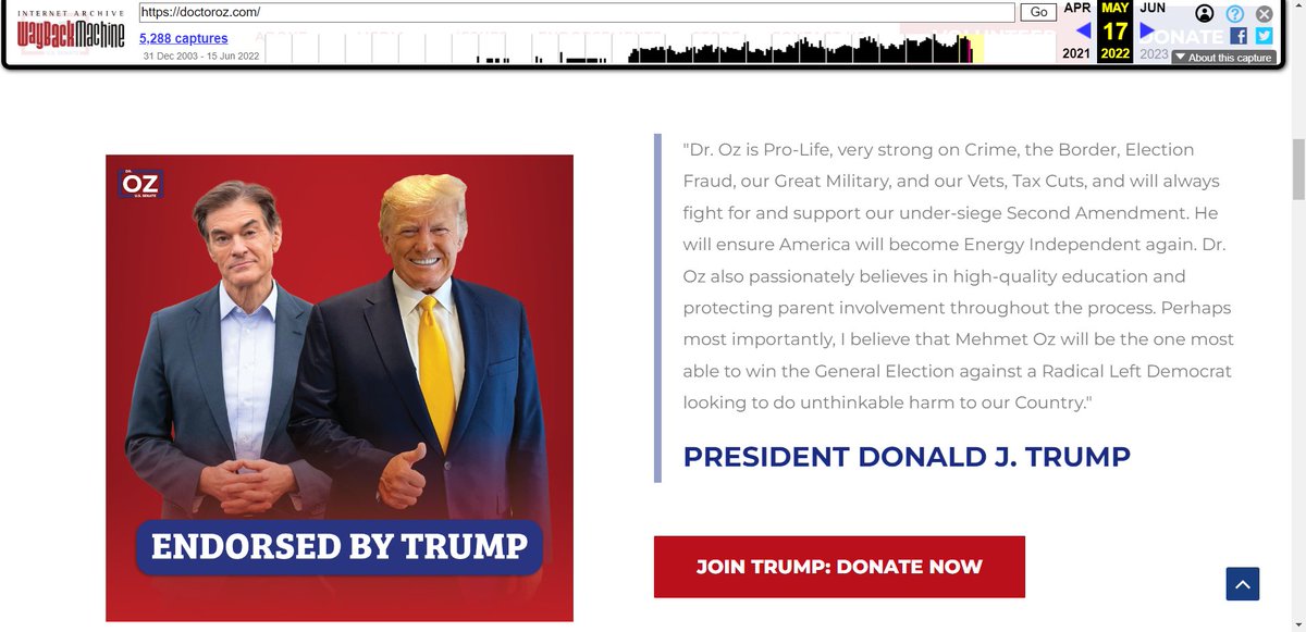 JackPosobiec's tweet image. Update: @DrOz has dropped President Trump from his campaign home page