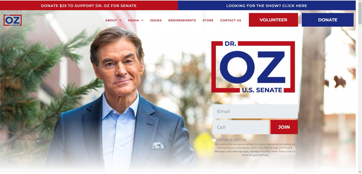 JackPosobiec's tweet image. Update: @DrOz has dropped President Trump from his campaign home page