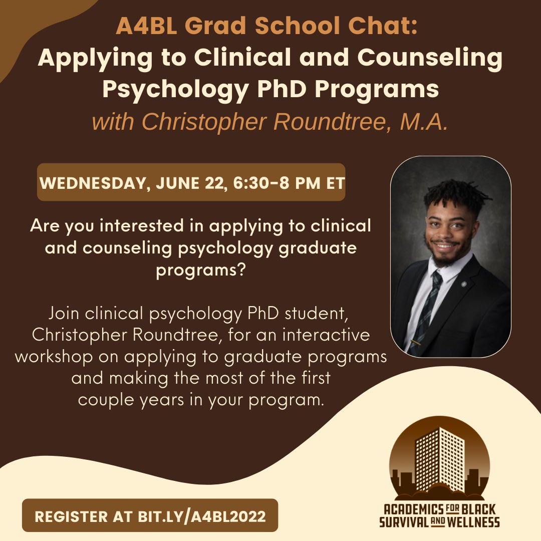 📣📣📣 If you are a Black person interested in applying to clinical and counseling psych PhD programs, join us tonight at 6:30 ET for an interactive workshop about the process with Chris Roundtree, M.A. 

Register here: wellshealing.podia.com/a4bl-2022-path…