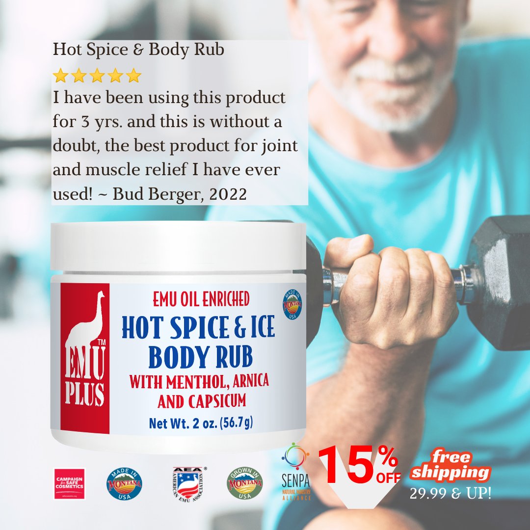 RanchEmu's tweet photo. Thanks, Bud! Save 15% on #HotSpicenIceRub with #Menthol, #Arnica, and #Capsium!
#montanaemuranch #emutrients #emuplus #EMUGency #emu #emus #emuoil #Emulove #natural #naturalproducts #local #localproducts #herbalife #herbalism #herbalmedicine #muscles #soremuscles #stiffjoints https://t.co/xs2svsO1B5