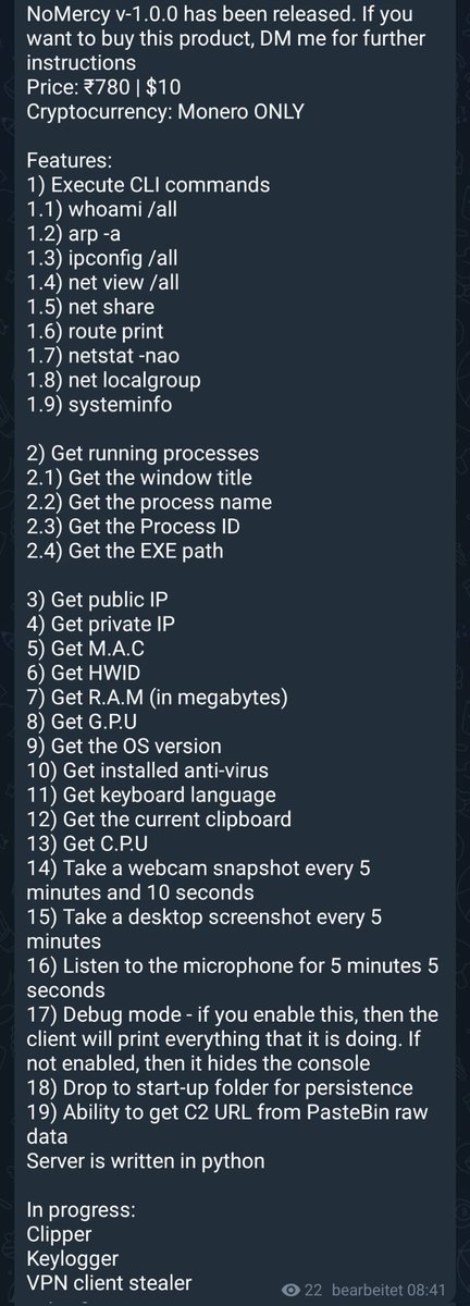 Gi7w0rm's tweet photo. Two new #malware products advertised on Telegram for as low as 10 $
A #Stealer called #TyphonStealer and some generic malware called #NoMercy 

Probably made by low skilled actors, however as #Eternity Project and #Prynt Stealer show, these projects can become real threats. https://t.co/UkMQN8nu6V