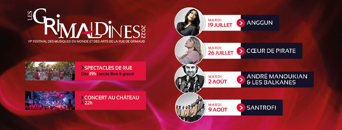 Grimaud Tourisme (@grimaudtourisme) on Twitter photo Le festival des #Grimaldines de retour cet รฉtรฉ ร #Grimaud ! ๐
4 dates pour voyager autour du monde en musique ๐
19/07 ๐ <a href="/Anggun_Cipta/">Anggun Official</a> (Asie)
26/07 ๐ <a href="/beatricepirate/">Beatrice Martin</a> (Amรฉrique du Nord)
02/08 ๐ <a href="/andremanou/">Andrรฉ Manoukian</a> & Les Balkanes (Europe de l'Est)
09/08 ๐ <a href="/SantrofiMusic/">Santrofi</a> (Afrique) Le festival des #Grimaldines de retour cet รฉtรฉ ร #Grimaud ! ๐
4 dates pour voyager autour du monde en musique ๐
19/07 ๐ <a href="/Anggun_Cipta/">Anggun Official</a> (Asie)
26/07 ๐ <a href="/beatricepirate/">Beatrice Martin</a> (Amรฉrique du Nord)
02/08 ๐ <a href="/andremanou/">Andrรฉ Manoukian</a> & Les Balkanes (Europe de l'Est)
09/08 ๐ <a href="/SantrofiMusic/">Santrofi</a> (Afrique)
