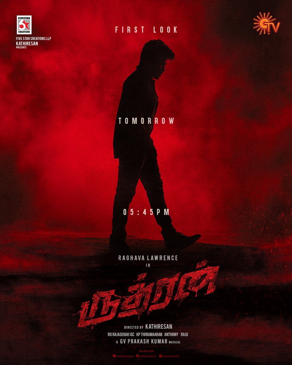 SunTV's tweet photo. Raghava Lawrence nadippil veli vara irukkum Rudhran thiraipadathin First Look naalai maalai 5.45 pm!

@offl_Lawrence @realsarathkumar @kathiresan_offl @gvprakash @priya_Bshankar @RDRajasekar #PoornimaBhagyaraj @kaaliactor @editoranthony @5starcreationss https://t.co/MXQ3ciThnE