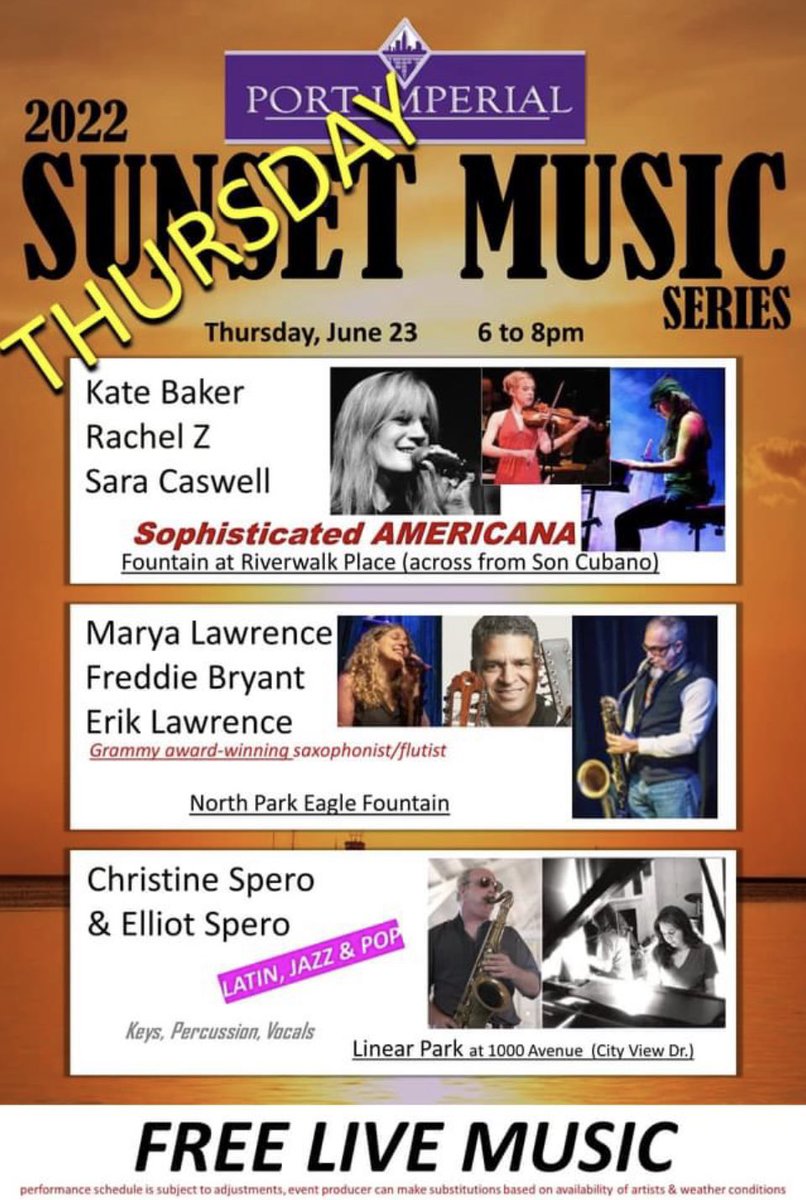 maryalawrence's tweet photo. Singing THIS Thursday, June 23 from 6-8pm
With Erik Lawrence on saxophones and flutes, and Freddie Bryant on guitar! North Point Court, North Park Eagle Fountain, Port Imperial, Weehawken, NJ
#eriklawrence #freddiebryant #livejazz #katebaker #rachelz #freelivemusic #portimperial https://t.co/eKr9R0R6hA