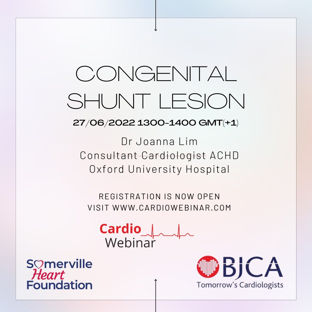 Register now on cardiowebinar.com to join our free webinar on congenital shunt lesions by Dr Joanna Lim on 27th June. Proudly brought to you by @HeartSomerville @CardioWebinar @TheBJCA #Cardiotwitter