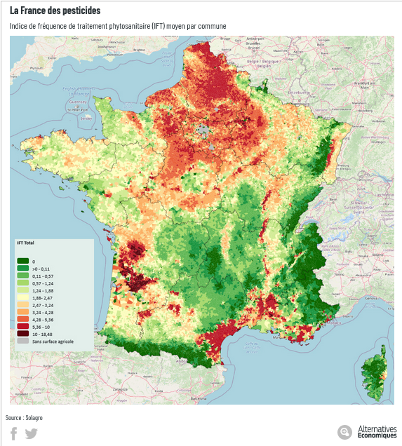 JeanneauL's tweet photo. La question qui tue : savez-vous s’il y a beaucoup de pesticides près de chez vous? Réponse dans cette carte inédite, publiée à l'instant par l’association Solagro. Un travail salutaire : désormais chacun peut savoir où ça se passe et demander des comptes https://t.co/9wCAFDRB5v https://t.co/U0DHIeHHQ7