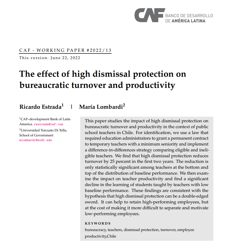 Job stability is a key feature of many public sector jobs. Yet, we know little about its causal effect on bureaucratic turnover and productivity, and underlying mechanisms. 

This is the question <a href="/Maria_Lombardi1/">María Lombardi</a> and I address in new WP.

#EconTwitter