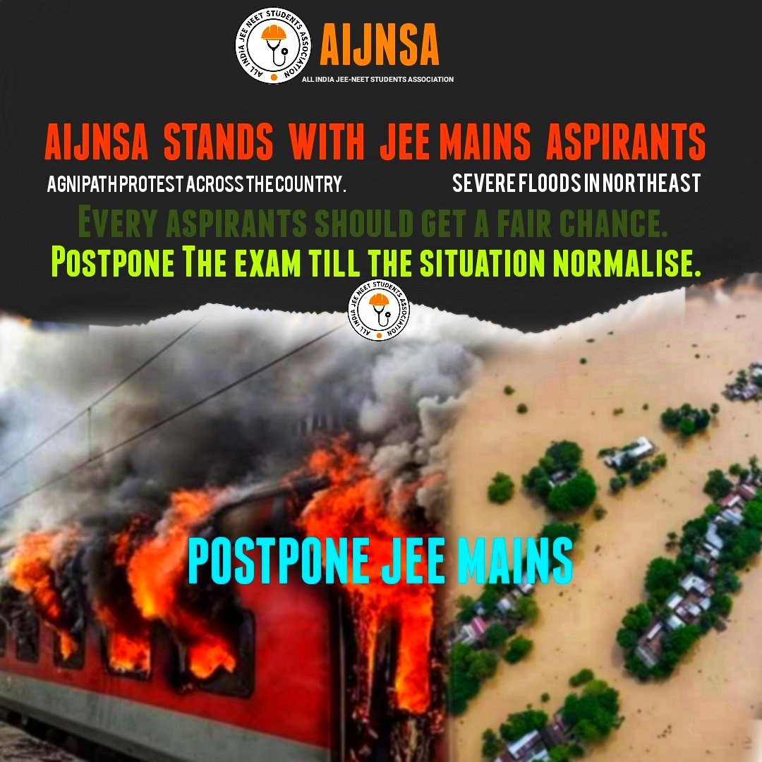 AIJNSA_official's tweet photo. Request to all the big influencers to kindly amplify #JEEMain2022 aspirants voices to the authorities.

These students are suffering from mental trauma due to sudden arise of unexpected situations before exams.

#DeferJEEMains2022 will be fair chance to everyone. https://t.co/wFi5D4vb3j
