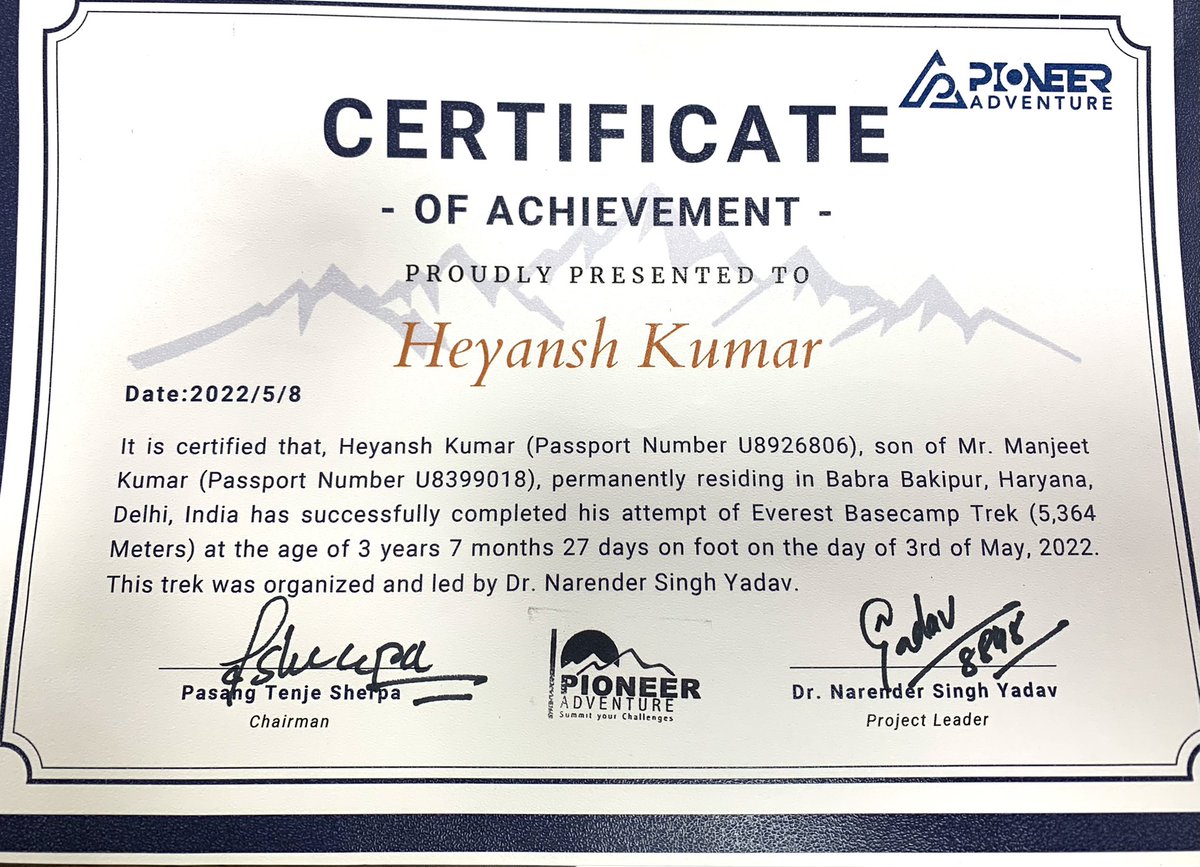 KanoongoPriyank's tweet photo. NCPCR appreciate the remarkable accomplishment of Master Heyansh Kumar for successfully completing Everest Basecamp Trek at the age of 3 years 7 months 27 days.
His achievement will inspire many children to become Mountaineer.
Wishing him the very best for his future endeavors. https://t.co/5BSgZjAlJQ