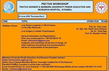 Pektus Farkındalık Haftası Etkinliğinde 2.gün 
23 Haziran 2022 Perşembe  günü Marmara Üniversitesi Pendik Eğitim ve Araştırma Hastanesinde PEKTUS FARKINDALIK HAFTASI kapsamında gerçekleştireceğimiz “Pektus Workshop” için tüm hekimlerimiz  davetlidir.
