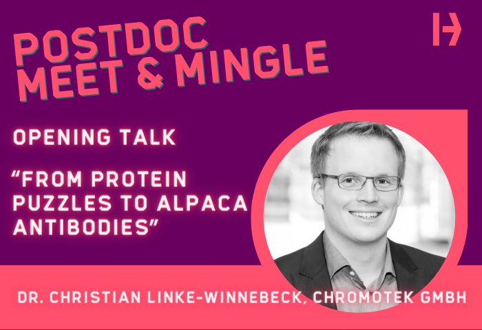 We are thrilled to share more information about our speakers for the #Postdoc Meet &amp; Mingle on June 29th next week!😍
Dr. Christian Linke-Winnebeck, Principal Scientist <a href="/ChromoTekGmbH/">ChromoTek</a> will open the evening program with a talk about his career path &amp; #alpacas: