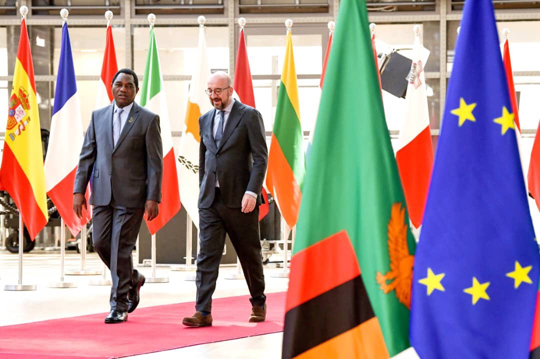 HHichilema's tweet photo. Held talks with EU Council President @CharlesMichel to discuss need for enhanced partnerships in trade &amp; investment between 🇿🇲 &amp;🇪🇺. 
Earlier, we met EU Commissioner for International Partnerships @JuttaUrpilainen and indicated #Zambia’s desire for mutually beneficial transactions https://t.co/Qxtd8oGnGB