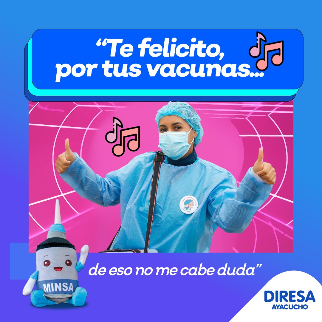 DIRESA_Ayacucho's tweet photo. #TeFelicito🎵Vacúnate en el establecimiento de salud más cercano y completa tu esquema de vacunación.
🔵 Covid-19 ✔️
🔵 Influenza ✔️  
🔵 Neumococo ✔️ https://t.co/Ga05UeIoGk