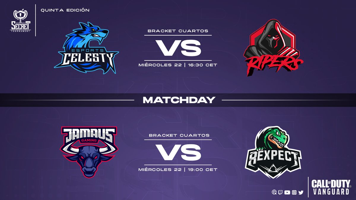 #SecretCODLeague #Vanguard 

Hoy miércoles se disputarán 2 enfrentamientos de cuartos del bracket. ¿Qué equipos lograrán avanzar a semifinales? No os lo perdáis.

🆚️ | @celesty_ec vs <a href="/Ripers_Spain/">Ripers E-Sports España</a> | 16:30
🆚️ | @JamausGG vs <a href="/Rexpectesports/">ReXpect Esports</a> | 19:00

📺 | twitch.tv/secrettourname…