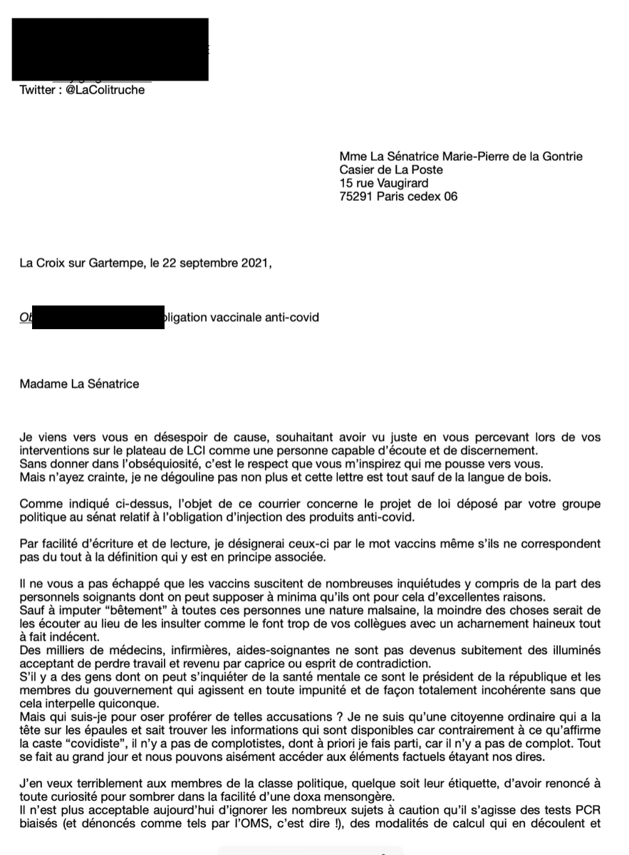 LaColitruche's tweet photo. @Annette_LEXA J'avais écrit à une sénatrice PS en sept dernier. Vu le mépris dont nous sommes l'objet, je mets ici cette lettre adressée à MP de la Gontrie qui n'en avait à priori rien à faire qu'on injecte de force à des millions de gens un poison inefficace.
Moi aussi je suis en guerre ! https://t.co/0m3AN80XUk