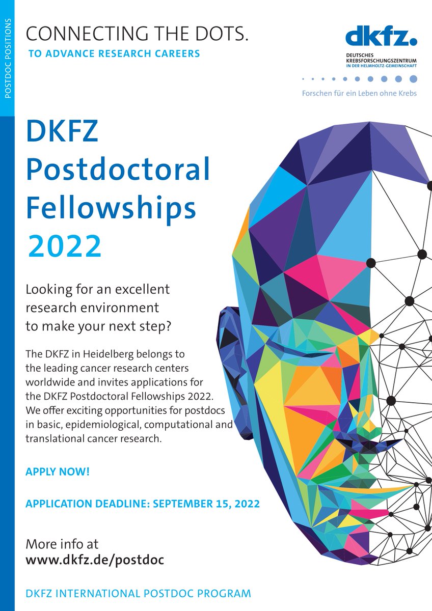 Excellent #postdoc opportunities in basic and translational #cancerresearch! Apply now for a Postdoctoral #Fellowship at DKFZ #Heidelberg.
➡️ Find out more at bit.ly/3bdiewd
Application deadline: September 15th 2022. Please RT!