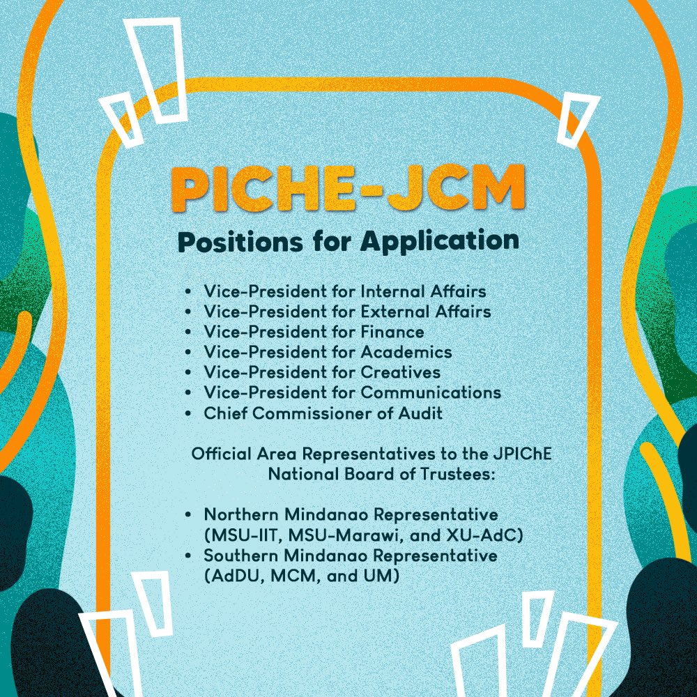 PIChEJCMindanao's tweet photo. ๐๐๐๐ | Call for Applications๐ฅ
PIChE-JCM is looking for aspiring leaders who are willing to serve ChE community across Mindanao in the next term๐คฉ.
The brief description of each positionโs duties and responsibilities are indicated in the threadโจ
(1/3) https://t.co/lONvVil1ZQ