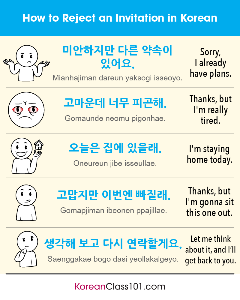 KoreanClass101's tweet photo. How to #refuse politely in #Korean? ✖️ P.S. Sign up here for FREE to learn more Korean: https://t.co/jCpbW25aMR https://t.co/q2YuD1PP8q