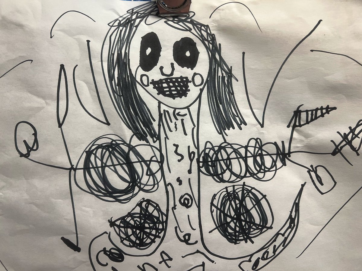 LaurenDanhof's tweet photo. My 5 yr old drew this &amp; put it on the fridge herself to give me a heart attack when I turned the corner. I wish I was making this up. What does it mean? What’s with the teeth? The symbols? 
My well of writing inspiration never runs dry #kidsarescary #kidsdrawing #horror #amscared https://t.co/XRKEl4KCtb