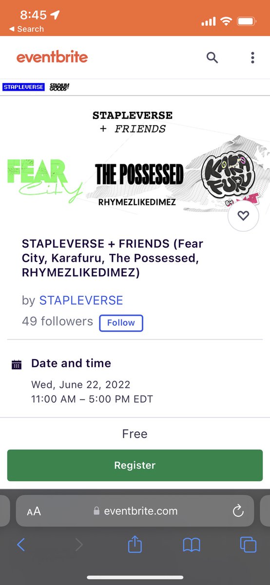 See y’all today!
@fearcitynft <a href="/ThePossessedNFT/">pssssd</a> <a href="/KarafuruNFT/">Karafuru</a> <a href="/rhymezlikedimez/">Rhymezlikedimez 🌻</a> <a href="/stapleverse/">STAPLEVERSE</a> 
RSVP: eventbrite.com/e/stapleverse-…