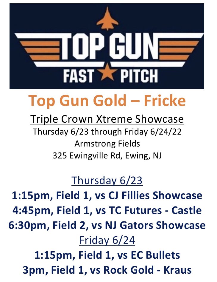 TopGunEliteSB1's tweet photo. 🥎⏰ Our schedule for the Triple Crown Xtreme showcase in Ewing NJ this Thursday and Friday. See you at the fields https://t.co/gZErGaT0XD