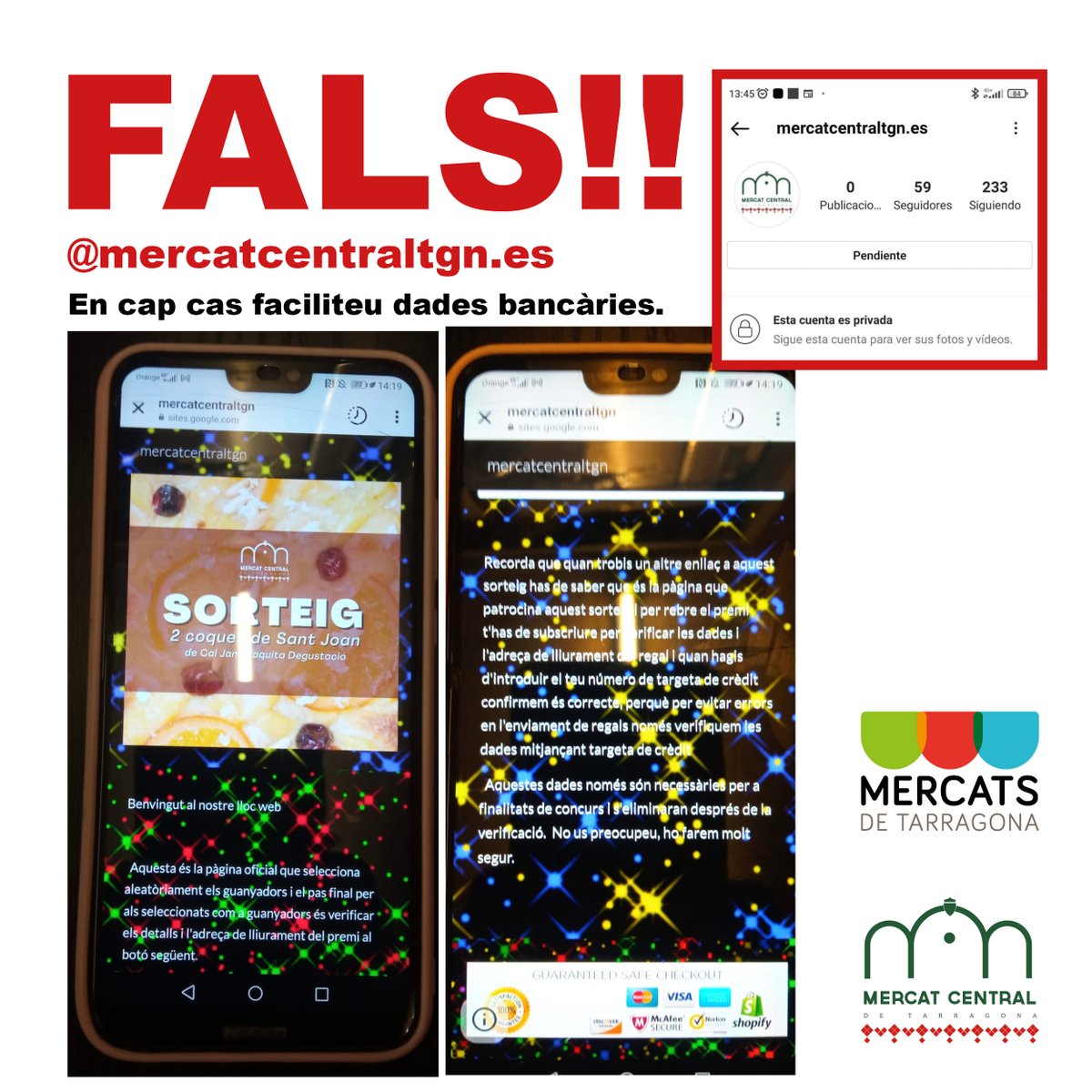 ATENCIÓ‼️ Hem detectat una suplantació d'identitat digital que envia un enllaç en nom del Mercat Central on se sol·liciten dades bancàries per participar en un sorteig.

En cap cas faciliteu aquestes dades. Des de Mercats mai demanem dades bancàries.

🙏 Ens ajudeu amb RT? 👇