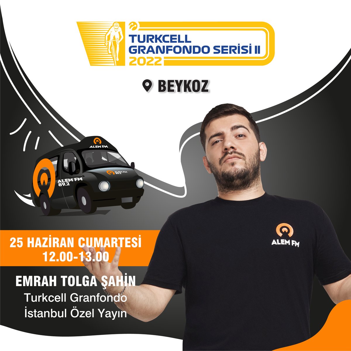 📢Emrah Tolga Şahin;
🗓️25 Haziran Cumartesi günü 
⏰12.00-13.00 saatleri arasında 
📍Turkcell Granfondo İstanbul Bisiklet Yarışı özelinde etkinlik lanında canlı yayında olacak.
🎙️@emrahkolpasahin @turkcellgranfondo