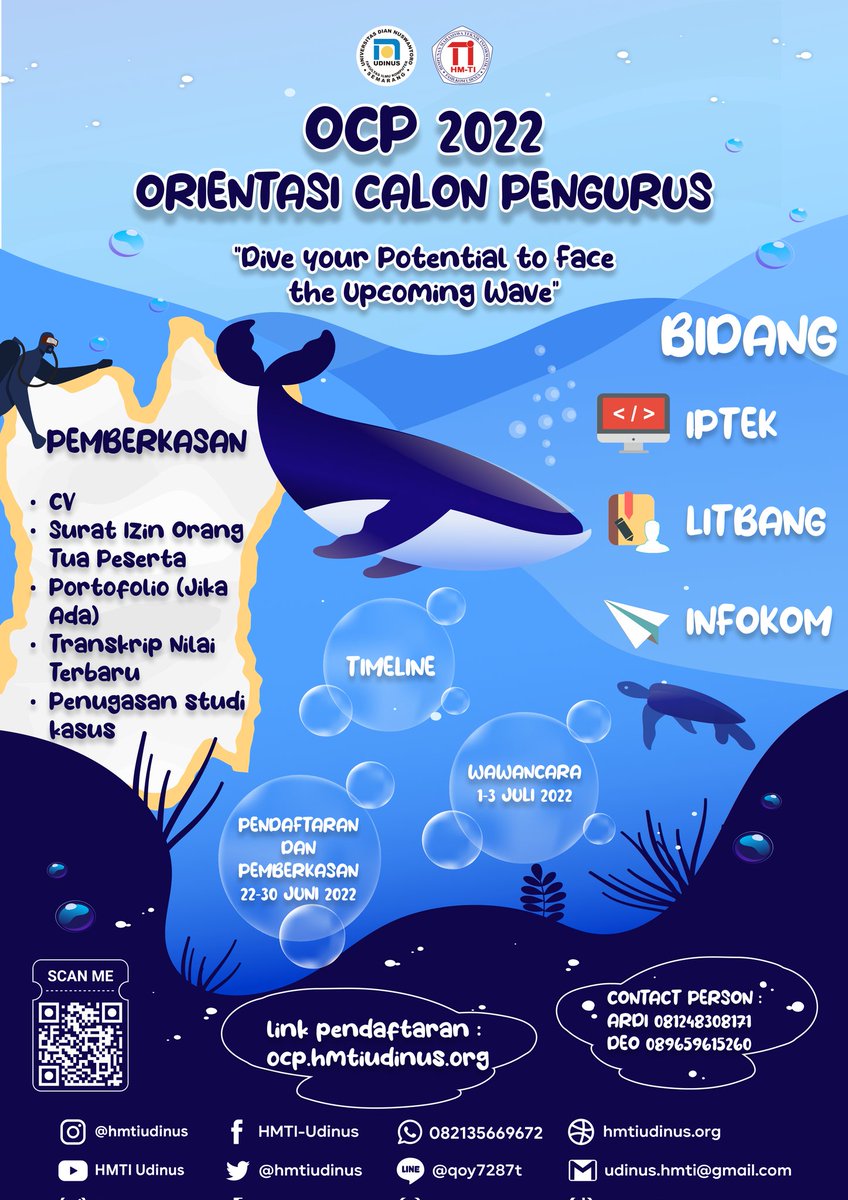 ‼️INFO ORIENTASI CALON PENGURUS‼️
•
📝 Pendaftaran dan Pengumpulan Berkas : 22 - 30 Juni 2022
📋Screening : 1- 3 Juli 2022
•
Ayo segera daftar di:
ocp.hmtiudinus.org
•
📌Persyaratan :
Mahasiswa Aktif Teknik Informatika Universitas Dian Nuswantoro maksimal semester 4