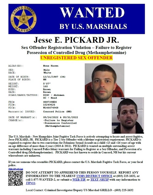 USMarshalsHQ's tweet photo. The U.S. Marshals - New Hampshire Joint Fugitive Task Force is actively attempting to locate and arrest fugitive, Jesse PICKARD, JR.  PICKARD is a Tier 2 Sex Offender with a lifetime registration requirement. https://t.co/PgLYB5nBJI