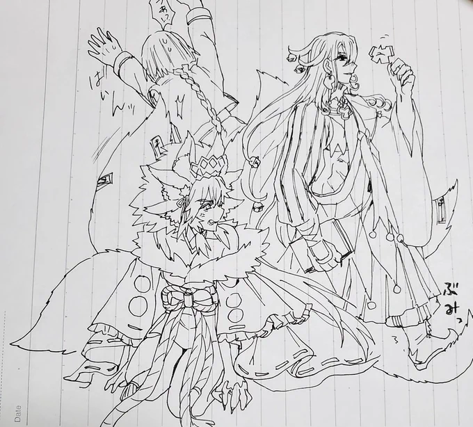 1度にトラブルがいっぺんに起こりうる、いわゆる情報量多い絵面白いなと思って計画性なしでそのまま描いたら蘆屋が縮んだように見えるけどせっかく描いたので供養🙏太公望さん初描きこれでゴメンな… 