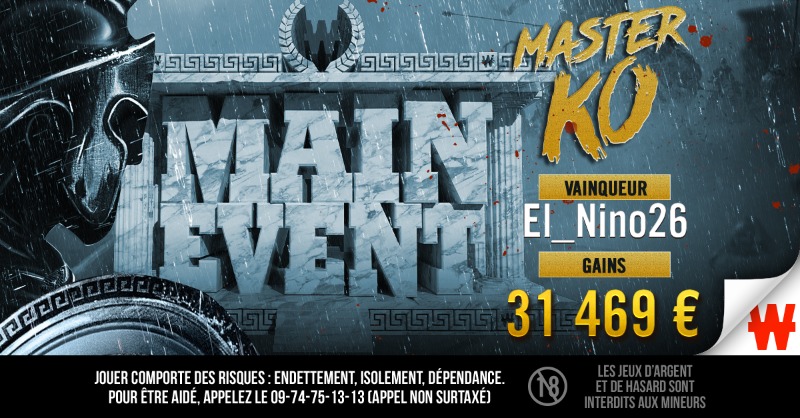 Winamax's tweet photo. ⚔️ El_Nino26 s'est offert le #MainEventMasterKO sur un beau strike. La dernière main épique est à revoir dans notre replay. ⤵️
