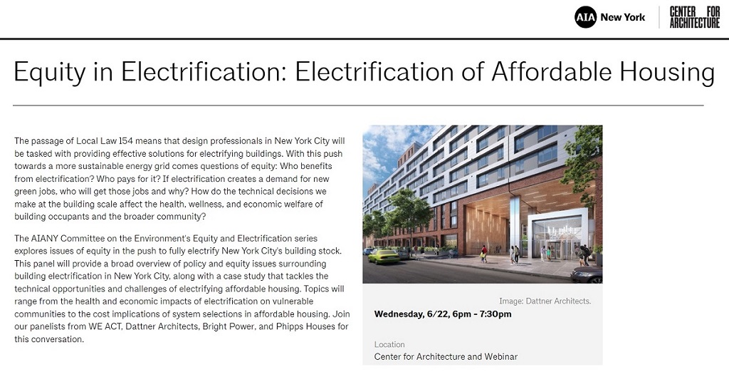 weact4ej's tweet photo. TONIGHT: At 6 PM on Wednesday, June 22, Annie Carforo will moderate the @centerforarch’s Equity in #BuildingElectrification panel on NYC’s #LL154 (#GasFreeNYC) & #EquitableElectrification of buildings. https://t.co/ASAGkiBhgU https://t.co/wCqJTDzSqK