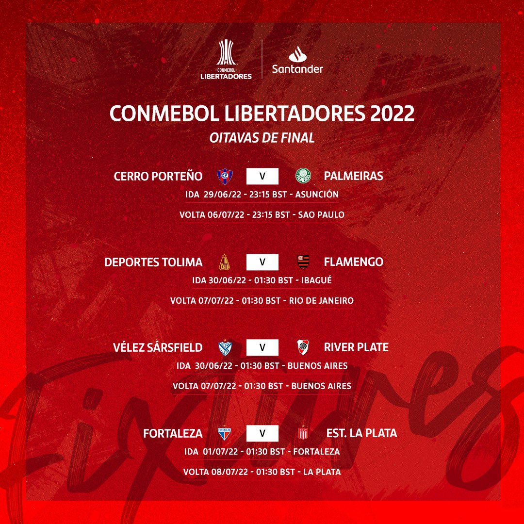 FTBLSantander's tweet photo. Está chegando a hora das oitavas de final da @LibertadoresBR

Quem são os favoritos?

#Libertadores #footballcan https://t.co/V6BguYxVXO