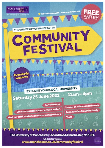 Our Community Festival is returning in-person on Saturday 25 June - a free event jam-packed with fun activities for all the family, including interactive demonstrations, experiments, performances, and behind the scenes tours.
#communityfestUoM